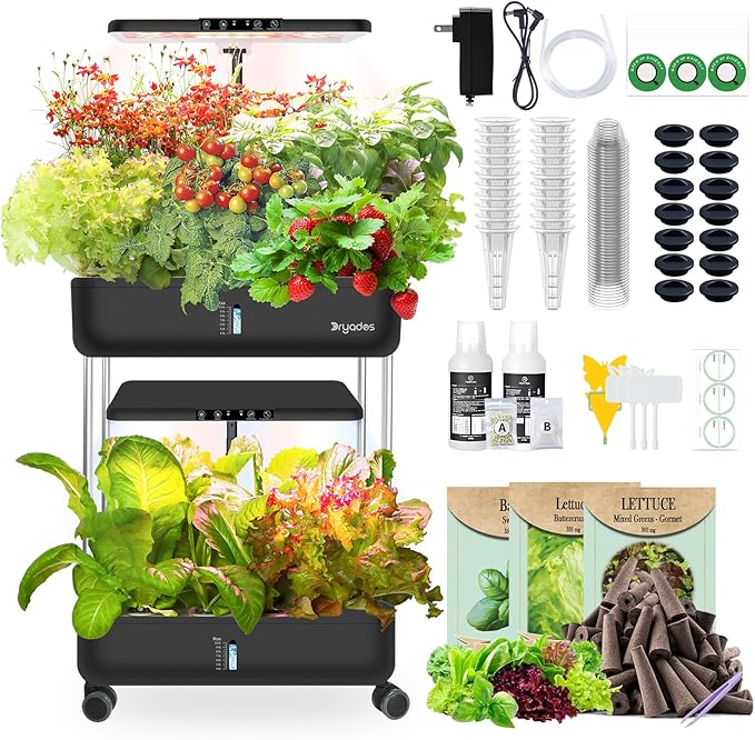 44-Pod Indoor Hydroponic Growing System + 3 Free Seeds Starter Kit (Lettuce, Salad Mixed, Basil Seeds) – Dual 53W Full-Spectrum LED, 10-L Water Tank, 2-Tier Grow Pods (44 Pods)