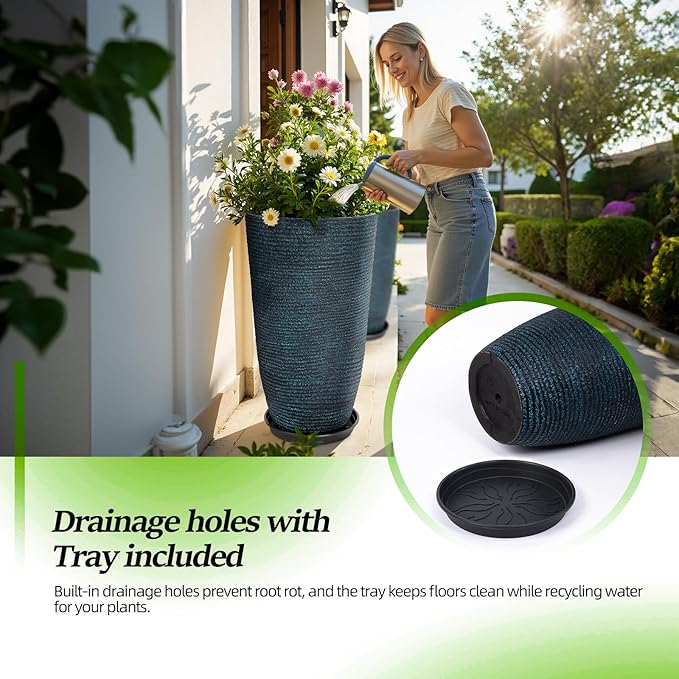 QCQHDU Set of 2 Large Tall Blue Planters with Saucer - 9 Gallon 12" Diameter x 21" H Faux Stone Round Pots for Indoor Plants, Outdoor Patio & Porch Decor, Heavy Duty Weatherproof Plant Containers