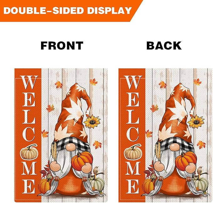 Gnome Fall Garden Flags for Outside, Welcome Fall Garden Flags 12x18 Double Sided, Rustic Pumpkin Gnome Small Holiday Lawn Flags, Autumn Harvest Gnomes Decorations for Yard Farmhouse