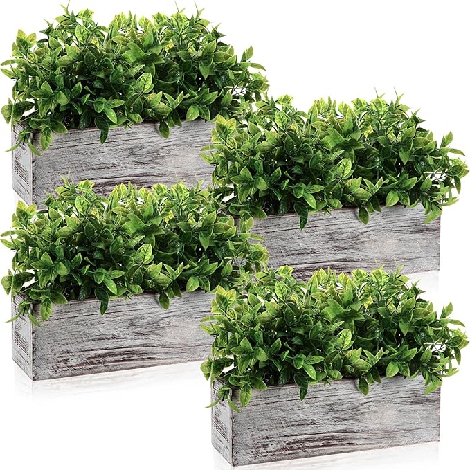 Lyrow 4 Pack Artificial Eucalyptus Plant in Rectangular Rustic Wooden Planter Box Faux Potted Herb Plant Table Centerpiece for Kitchen Windowsill Shelf Decor (White,11.4 '')