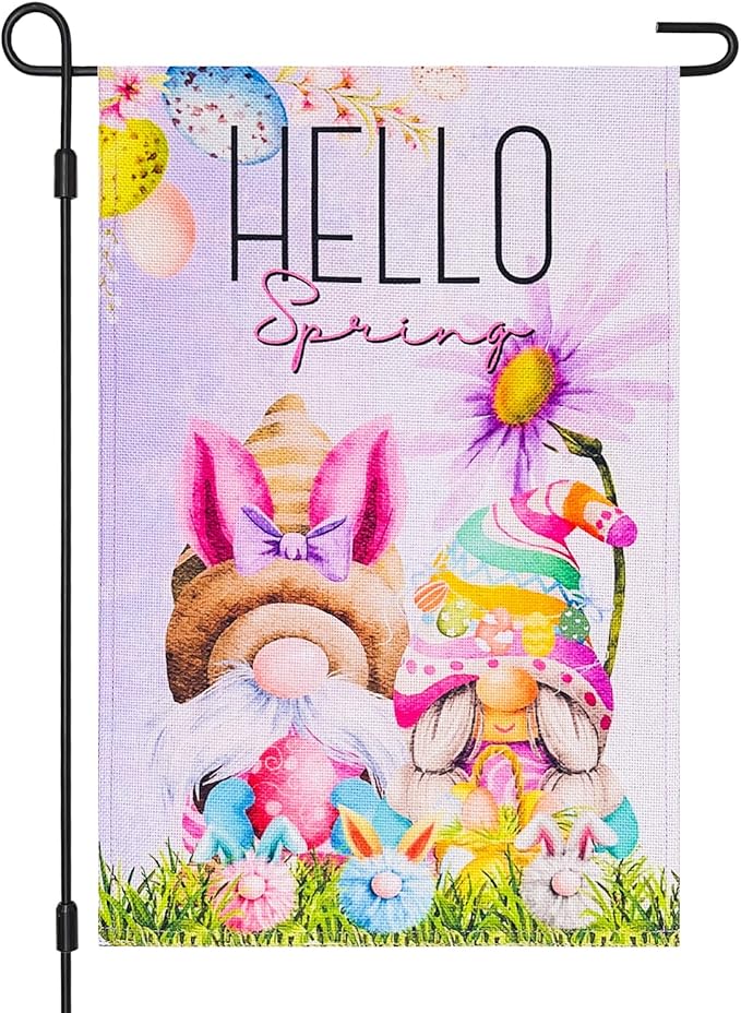 Easter Gnomes Garden Flag 12×18 Inch Double Sided for Outside Hello Spring Small Vertical Burlap Yard Flags Outdoor Lawn Porch Decoration