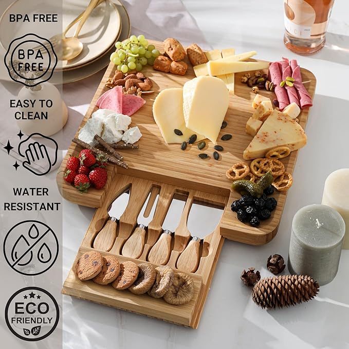 Personalized Charcuterie Board Set, Custom Engraved Bamboo Cheese Board, Christmas, Wedding and Housewarming Gift for Couples, Anniversary and Bridal Shower (1 DRAWER)