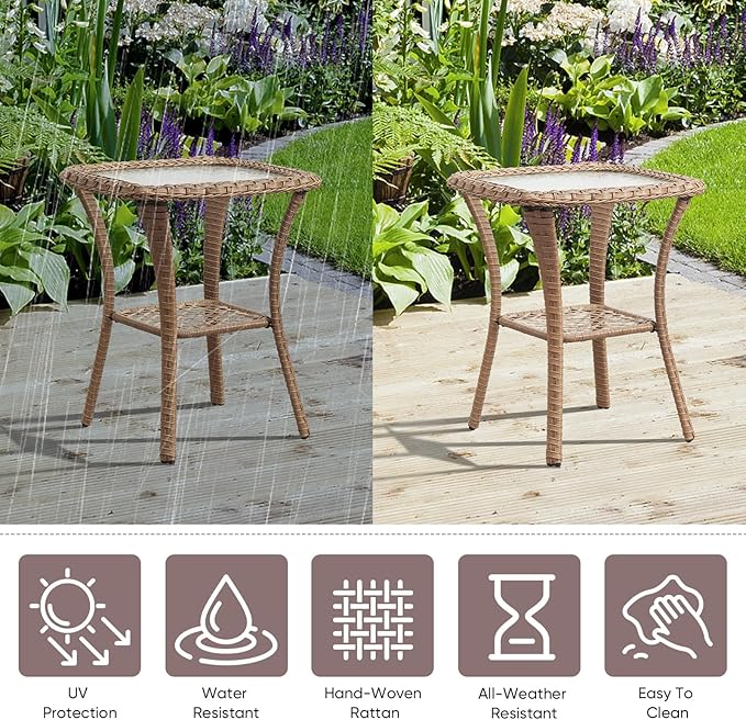Patio Wicker Side Table, Outdoor PE Rattan End Table with 5mm Tempered Glass Top and 2-Tier Storage Shelf, 20" Square Coffee Table for Deck Porch Garden Backyard-Yellow Wicker