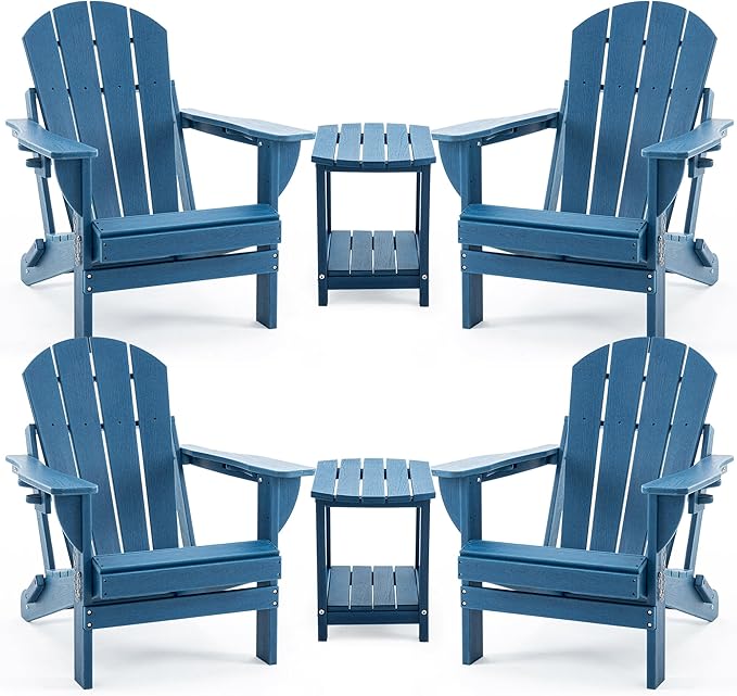 4 Chairs & 2 Tables Folding Adirondack Chair Set with Side Table – HDPE Weatherproof Outdoor Patio Chairs with Reclining Back and Cup Holders, 2-Tier Storage End Tables for Firepit Garden(Blue)