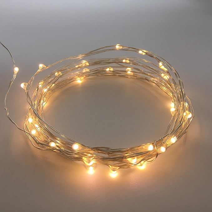 Set of 2 Battery Operated Mini Led Fairy Light Dewdrop Lights with Timer 6 Hours on/18 Hours Off for Wedding Centerpiece Halloween Christmas Party Decorations,50 LEDs,18 Feet Silver Wire (Warm White)