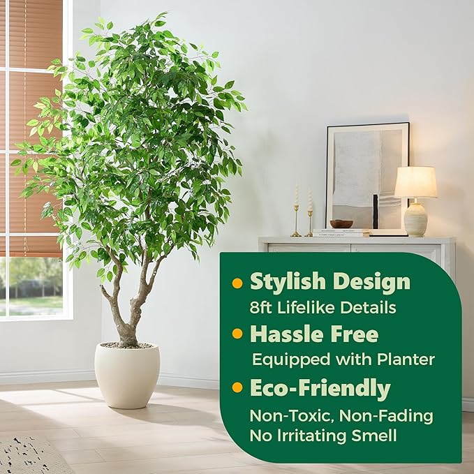 8 FT Large Luxury Artificial Ficus Tree, Tall Faux Banyan Tree with Planter, Extra Lush Stereoscopic Shape, 5 Minutes Easy Set-up, Realistic Tree Trunk & Lifelike Leaves, Home Office Décor