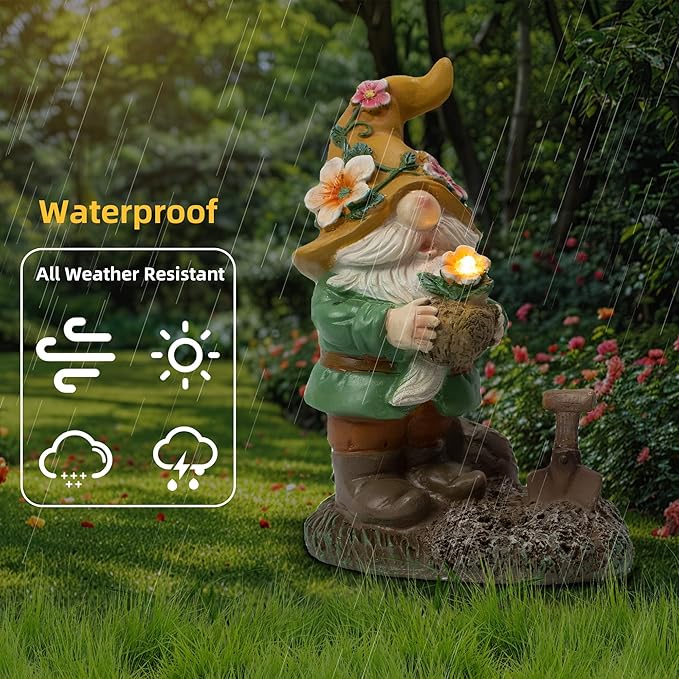 Garden Solar Gnomes Outdoor Statues with Flower Pot Gnome Outdoor Decor for Patio, Balcony, Lawn, Yard Ornament - Garden Gifts for Mothers Day, Housewarming, Festival