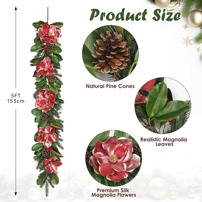 Briful 5FT Christmas Magnolia Flower Garland with Pine Cones Berries Artificial Silk Floral Vine Faux Flower Garland for Xmas Backdrop Table Wall Wedding Party Home Decor