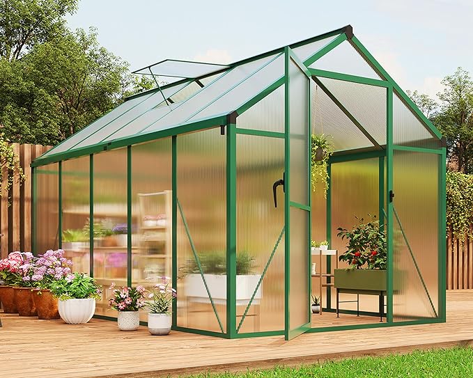 6X10FT Outdoor Greenhouse, Aluminum Polycarbonate House, Green Houses for Outside with Sliding Doors, Ajustable Roof Vent, Withstands Bad Weather for Garden, or Backyard, Green