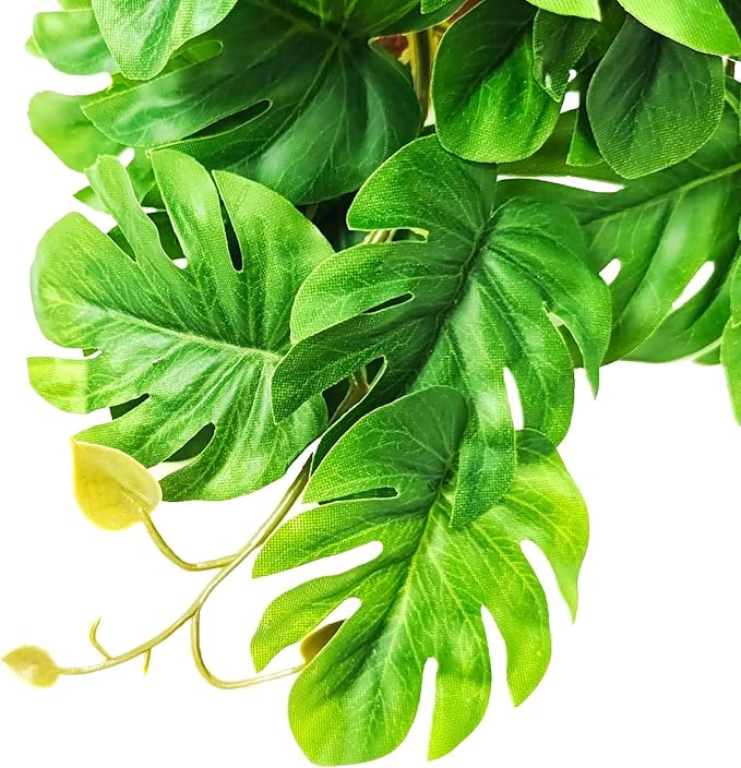 Woyrise Reptile Plants for Terrarium, Artificial Hanging Plants with Suction Cups, Amphibian Tank Habitat Decor Plastic Plant for Bearded Dragons Lizards Snake Geckos Frogs - 2Pack Fake Monstera