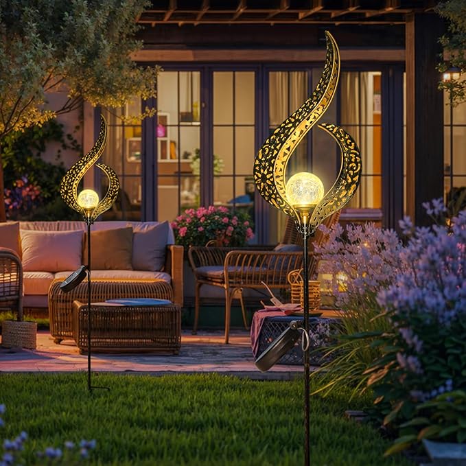 HOMEIMPRO Outdoor Garden Solar Lights Stake Waterproof, Mothers Day Gifts Mom, Crackle Glass Metal Flower LED Yard Art Ornaments Lights for Pathway, Lawn or Courtyard,Gardening Gifts Women (Bronze)