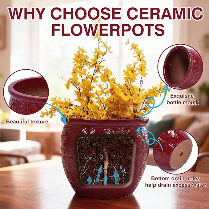 Tiered Ceramic Planter Set with Drainage Hole, 3-Piece (9/12/15 Inch) Indoor & Outdoor Flower Pots for Plants, Modern Planters for Patio, Balcony, Garden-Red