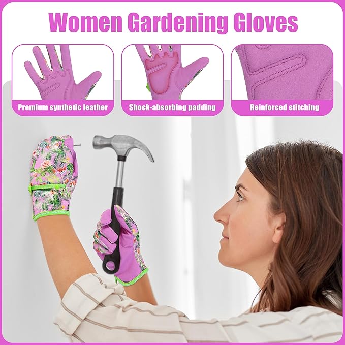 HANDLANDY Work Gloves for Women, Breathable Leather Gardening Glove for Yard Maintenance, Hand Protection with Touch Screen for Gardeners, Farmers