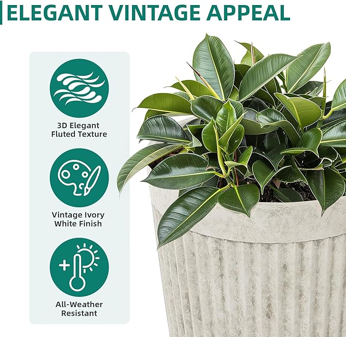 Ultym 20" Resin Tall Planters for Outdoor Plants,Set of 2 Vintage Ivory Large Flower Pots with Handmade Fluted Texture,Heavy-Duty and Weather-Resistant for Porch Christmas Decor,Garden, Patio