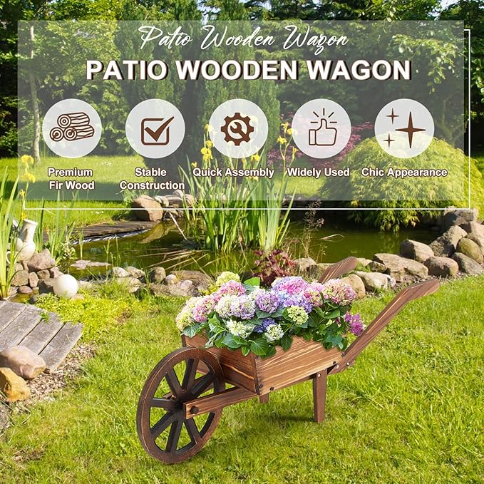 Wooden Wagon Flower Planter Cart Garden Planter Box with Wagon Wheels Cart for Home Garden Outdoor Balcony Decorative, Patio Flowers Herbs Vegetables, Brown(Rustic)