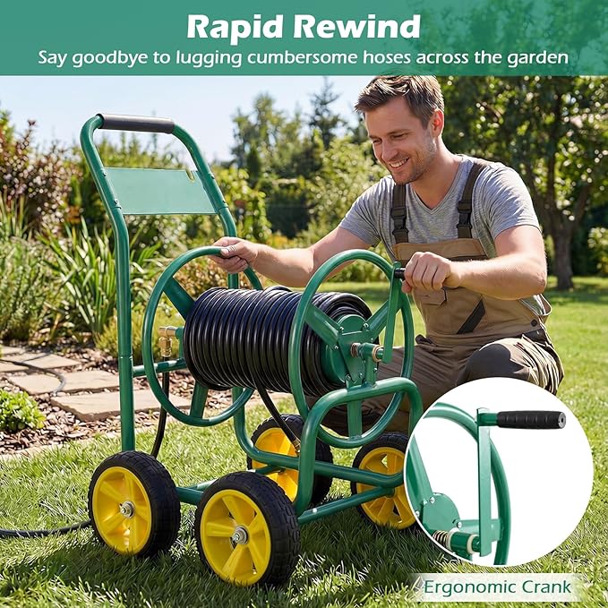 Garden Hose Reel Cart, Mobile Water Hose Cart with Heavy-duty Metal Frame & 4 Solid Wheels, Hold up to 330 ft of 5/8" Hoses, Outdoor Planting Tool for Lawn & Backyard (Green)