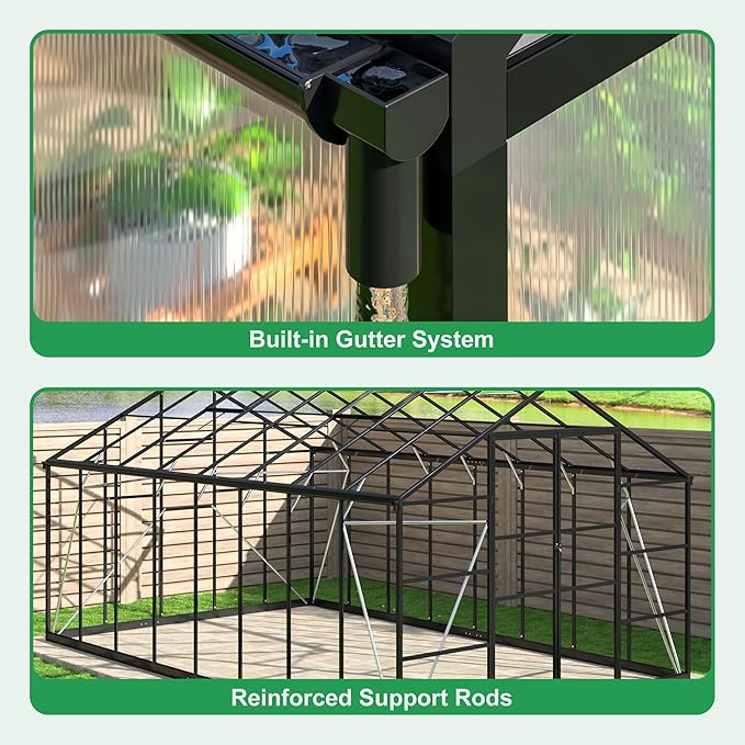 WKM 10x16 FT Greenhouse for Outdoors, Walk-in Polycarbonate Greenhouse with Roof Vent and Quick Setup Structure, Heavy Duty Green House for Outside Garden Backyard, Black