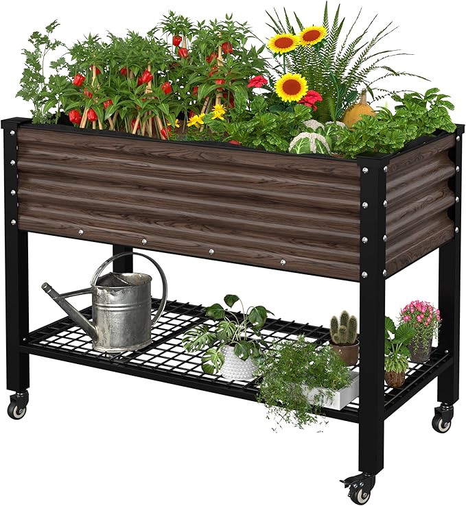 BlueWish 48" W x 24" D x 34" H Outdoor Galvanized Garden Bed, Elevate Raised Bed with Detachable Black Liner, Rolling Casters, Storage Shelf, Planter Boxes for Gardening, Vegetable, Flower, Rustic