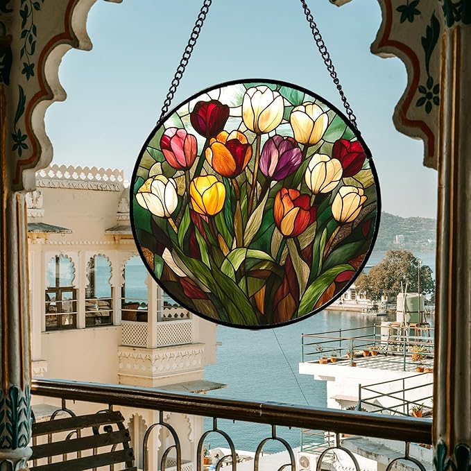 Stained Glass Window Hanging Colorful Tulip 6.3" - Flower Suncatcher Door Garden Sun Catcher Home Plant Decor Birthday Mother's Day for Mom Woman Friend Nana Colleague