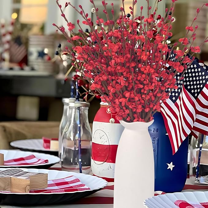 10Pcs 17.5'' Red Flowers Artificial Jasmine Flowers Faux Patriotic DIY Floral Art Red Berries Stem for Valentine's Day Table Centerpieces Vases Home Wedding Bouquets Party Decorations