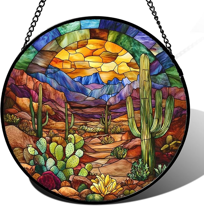Stained Glass Window Hanging Cactus Mountains Landscape 6.3" - Suncatcher Door Garden Sunroom Sun Catcher Home Decor Birthday Christmas for Mom Men Woman Nana