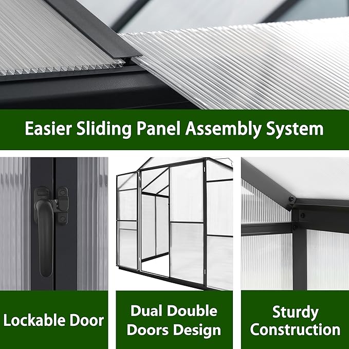 8x10 FT Outdoor Aluminum Greenhouse Kit, Polycarbonate Aluminum Walk-in Greenhouse with Adjustable Roof Vent and Lockable Door, Backyard Garden in Winter, Gray
