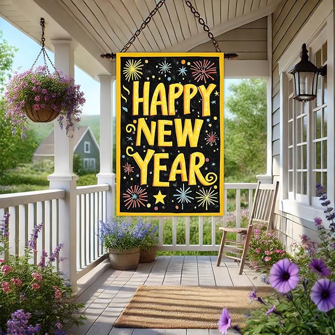 Happy New Year House Flag 28x40 Inch Double Sided Garden Flag Colorful Fireworks Gold Letter Design Winter Holiday Yard Banner Large Outdoor Polyester Flag for Porch Lawn Home Decoration