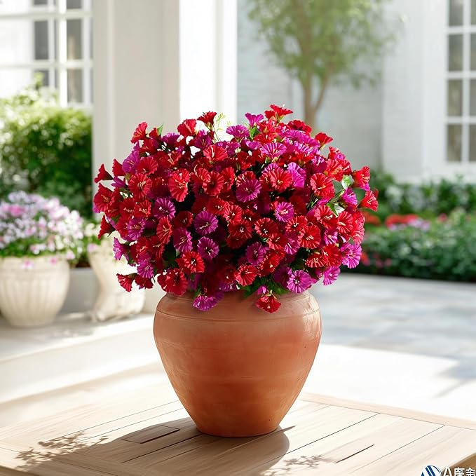 Artificial Morning Glory Flowers Plants for Outdoor 8 Pcs Faux Silk Petunias Flower Realistic Faux Flowers Plants for Outside Planter Porch Yard Patio Balcony Home Indoor Decor (8 Pcs Red+Purple)