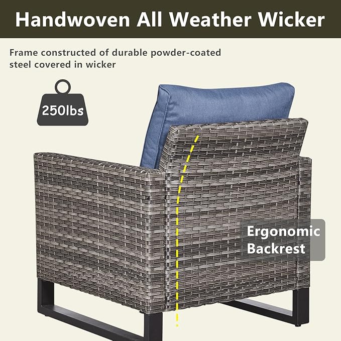 Rilyson Wicker Outdoor Patio Furniture Set - 6 Piece Patio Conversation Set with 2 Armrest Chairs,2 Rattan Ottoman,1 Couch and 1 Metal Side Table for Outside Porch Deck Backyard(Mixed Grey/Blue)