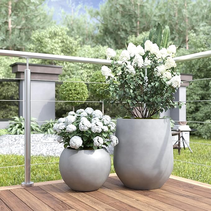 DTY Signature Mount Sherman 12.6''D x 9.8''H Modern Indoor Outdoor Fiberstone Sphere Planter, Durable Round Garden Pot, Weather Resistant, Drainage Hole & Rubber Plug - Small, Gray