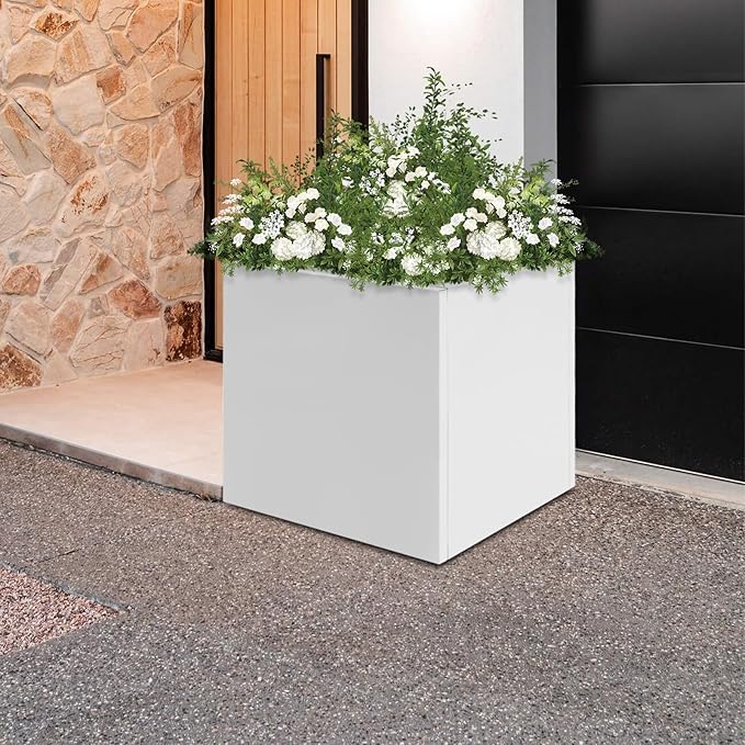 REBaiYU Steel Metal Square Planter Box for Indoor Outdoor, 20/24Inch Modern Flower Pots Tall Cube Planters with Large Opening Design for Plants, Flowers, Garden (White, 20Inch)