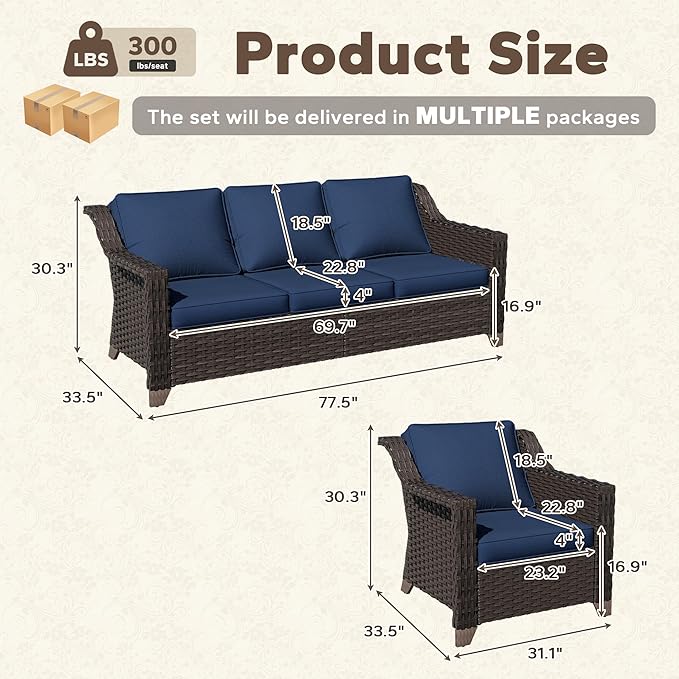 3 Pieces Patio Conversation Furniture Set - 1 Sofa, 2 Armchairs, Outdoor Wicker Furniture with Removable Cushions for Porch, Balcony, Sunroom (Blue)