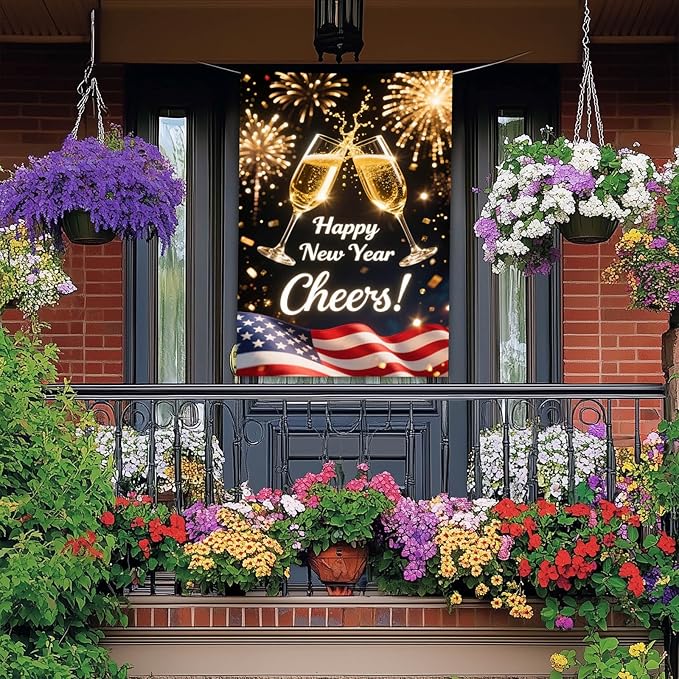 Happy New Year House Flag 28x40 Inch Double Sided Garden Flag Cheers Champagne Glasses and American Flag Design Winter Holiday Yard Banner Large Outdoor Flag for Porch Lawn Home Decoration