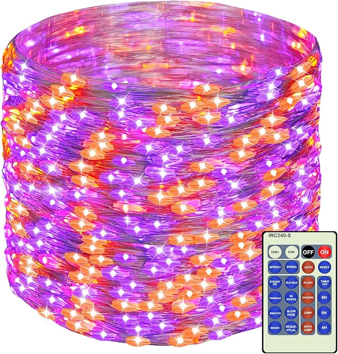 Decute 500LED 164FT Fairy String Lights Halloween Lights Silver Wire with Remote, Firefly Starry Light for DIY Christmas Tree Costume Wedding Party Table Centerpiece Decor Orange Purple
