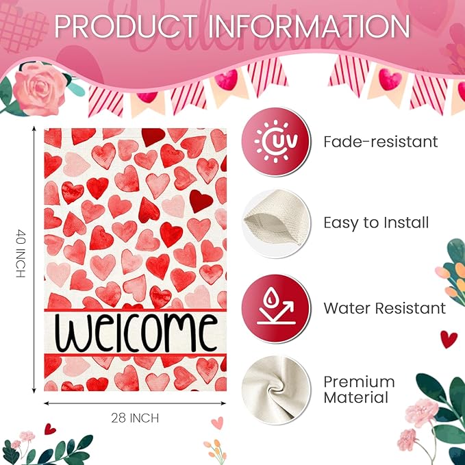 Valentines Love Hearts House Flags for Outdoor Decoration, Welcome Love Hearts Large Yard Flag, Decorative Anniversary Wedding Seasonal Farmhouse Holiday Outside Decor 28x40 Inch Vertical Double Sided