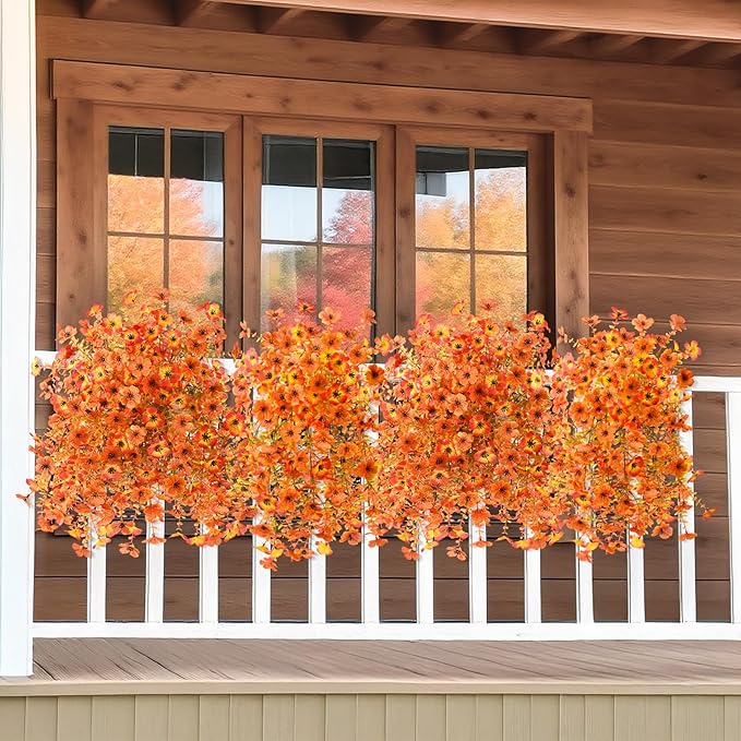 ZFProcess Artificial Fall Flowers for Outdoors, 2PCS Silk Fake Flowers Realistic Daisy Mums UV Resistant Porch Patio Window Yard Decor (Sunset Red)