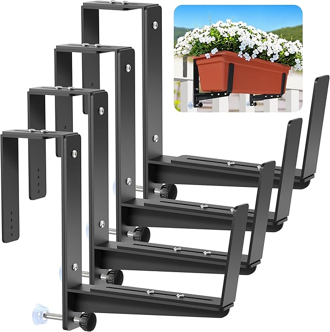 Window Box Brackets, Adjustable Planter Box Brackets, Heavy Duty Iron Flower Box Brackets for Railings, with Enhanced Bottom Support - Perfect for Balconies, Fences, and Gardens (Black, 4 Pack)