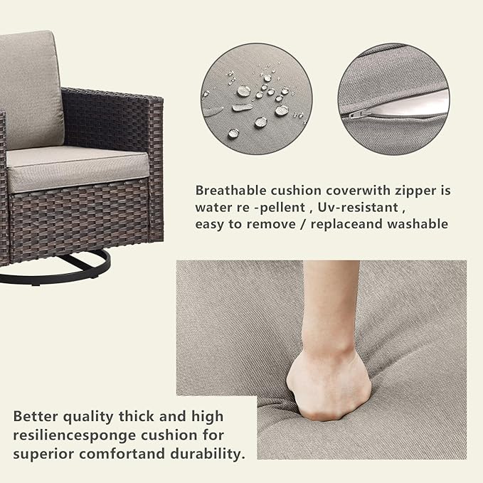 Rilyson Outdoor Patio Swivel Rocker Chairs - 3 Piece Wicker Patio Furniture Bistro Swivel Rocking Chairs Set with Comfortable Cushions,Sturdy Metal Frame and Side Table for Porch Deck(Brown/Grey)