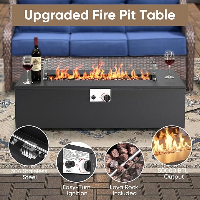 HUMMUH Luxury Patio Furniture Set 6-inch Thick Cushions High Back Swivel Rocker Chairs & 3 Seater-Couch & Steel Fire Pit Table 5 Pieces Outdoor Conversation Set for Porch,Deck,Backyard