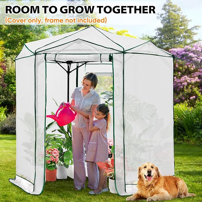 EAGLE PEAK Replacement Cover for 6.6x6.6 ft Hexagon Pop up Greenhouse, Front and Rear Roll-Up Zipper Entry Doors and 2 Roll-Up Side Windows (Frame Not Included), White