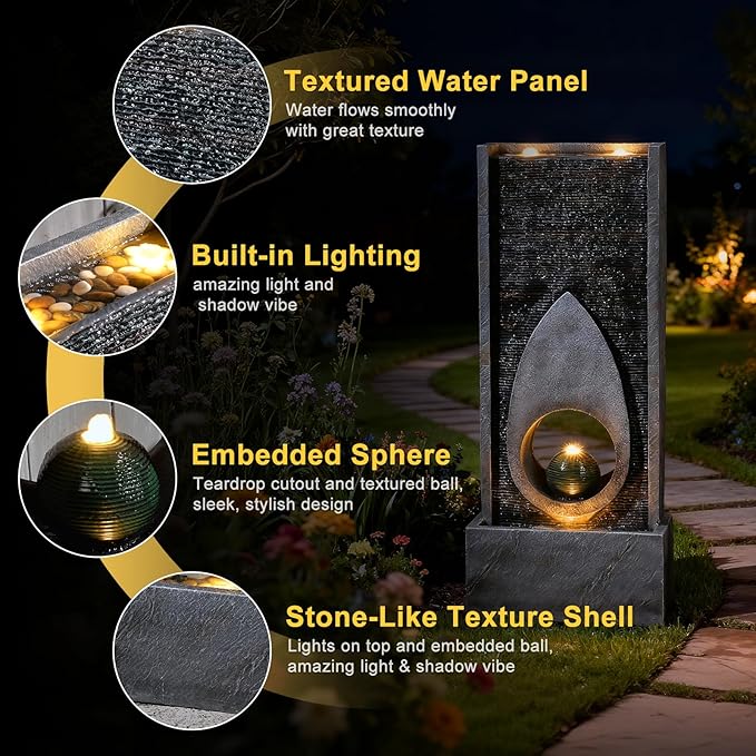 46.5" H Large Indoor Water Fountains - Modern Rectangular with Sphere - Waterfall Fountain for Indoor or Outdoor with LED Lights and Pump for Deck, Patio, Porch, Garden, Yard Decor