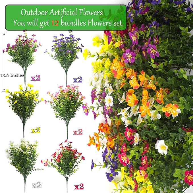 Grunyia Outdoor Artificial Flowers UV Resistant & Fade Proof, 12 Pack Realistic Fake Flowers for Garden, Patio, Lawn Decor - Weatherproof Plastic Plants(Mix)