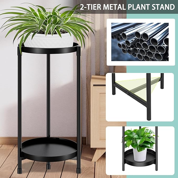 Atpddpey Plant Stand indoor outdoor - 2 Tier black Tall Metal Flower Pot Holder Potted Display Rack - Heavy Duty Corner Plant Shelf for Patio Garden Balcony Living Room Bedroom