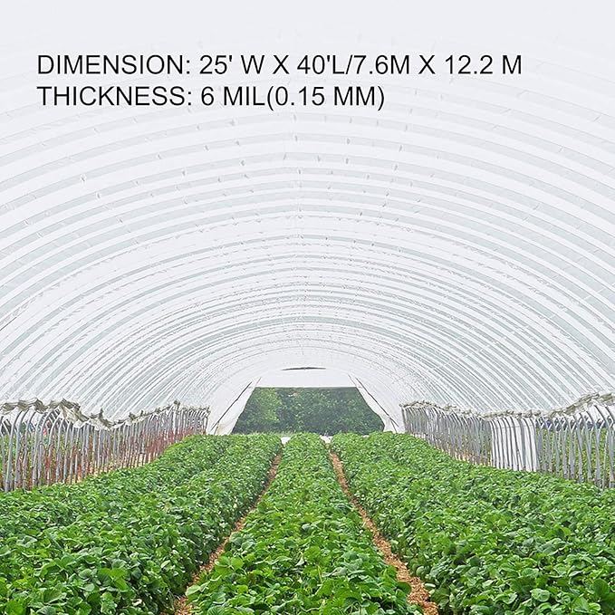 VEVOR Greenhouse Plastic Sheeting 25 x 40 ft, 6 Mil Thickness UV Resistant Clear Polyethylene Film, Hoop Green House Cover for Farms, Agriculture, Garden