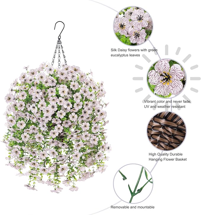 HyeFlora Artificial Hanging Flowers Basket for Outdoor, Fake Flowers Faux Plants Look Real for Yard Gardens Porch Patio Home (White)
