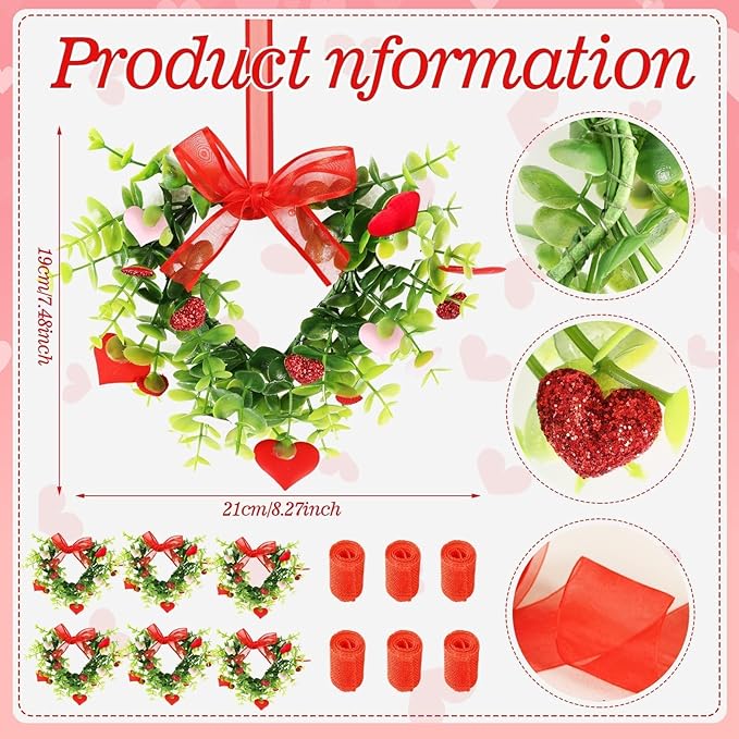 6 Sets Valentine's Day Heart Wreath Artificial Red Berries Heart Swag Kitchen Cabinet Wreaths Hanging Valentines Day Wreaths for Front Door Window Wedding Birthday Home Decoration
