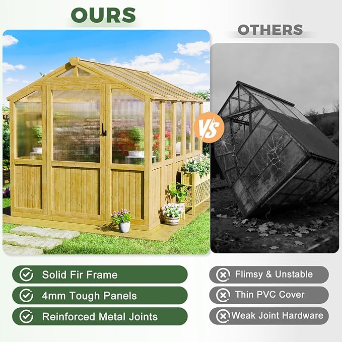6x8 FT Wood Greenhouses for Outdoors Heavy Duty, Outdoor Greenhouse Kit with Adjustable Roof Vent and Reinforced Panels, Walk in Polycarbonate Greenhouse for Outside Backyard Garden Yard, Natural