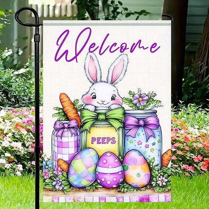 Spring Welcome Garden Flag2x18 Inch Double Sided Happy Easter Garden Flag Bunny Easter Egg Mason Jar Small Garden Flag Flower Yard Lawn Outside Decor Spring Outdoor Home Decoration