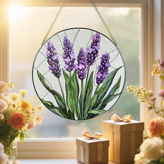 Stained Glass Window Hanging, 8 Inch Lavender Stained Glass Suncatcher, Flower Sun Catcher, Window Hanging Decor, Flower Lovers Gift for Her, Housewarming Gift, Gifts for Lover, Bestie and Couple