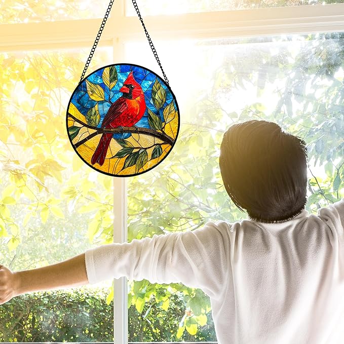 DASTOLL Stained Glass Window Hanging, Blue Sky Cardinal Sun Catchers Colorful Glass Panel Red Birds Suncatcher Decor for Birthday for Women, Men, Wife, Aunt, and Mom 6.3 in
